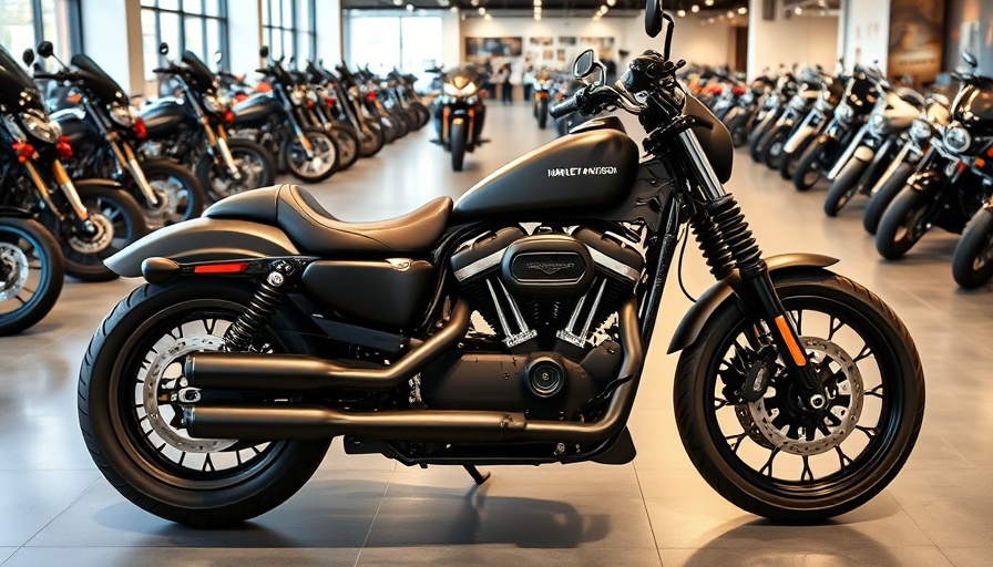 Harley-Davidson motorcycles in a showroom, highlighting matte black model; HDFS originations drop 22%.