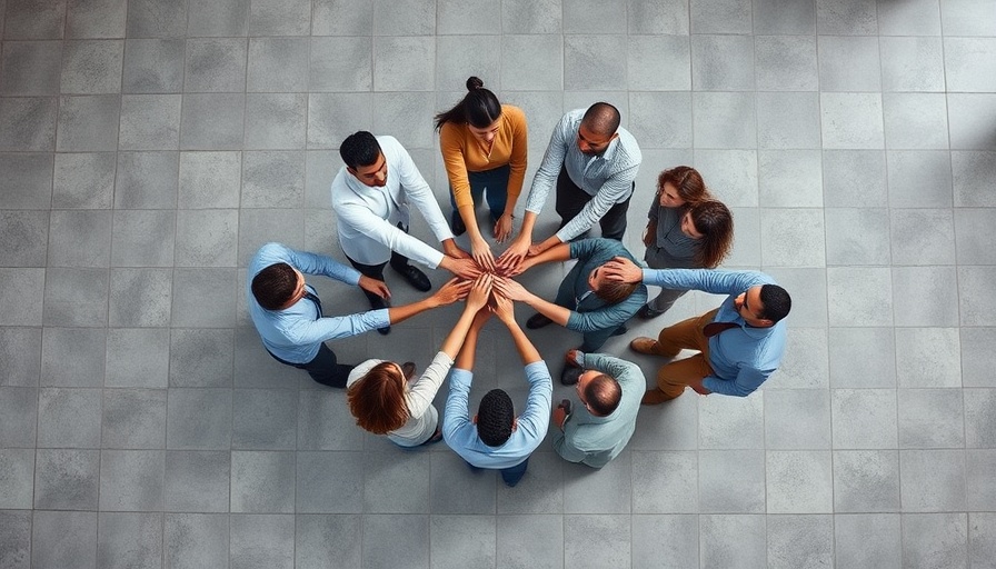 Aerial view of diverse professionals joining hands, DEI initiatives in PR agencies.