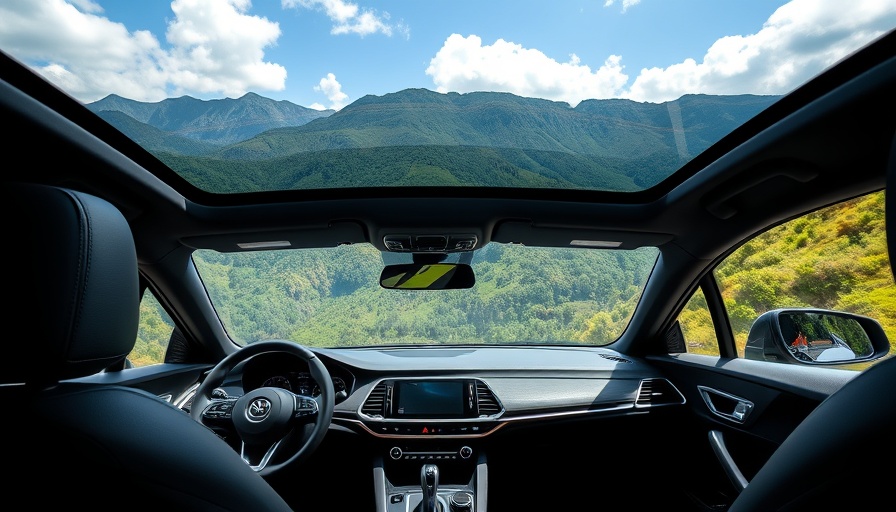 Modern car interior with mountain view, capturing luxury and technology.