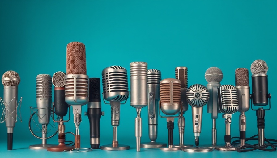 Various vintage and modern microphones against a turquoise background.