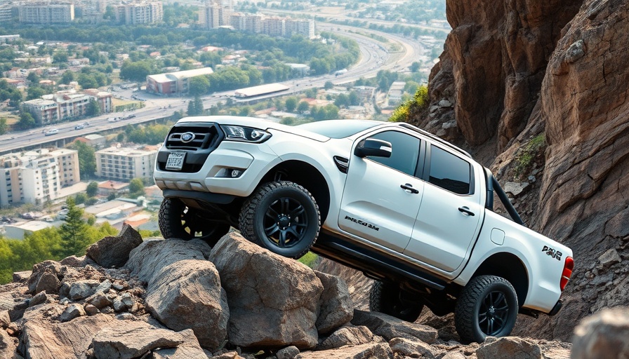 Stellantis CEO turnaround symbolized by a truck climbing rocky terrain