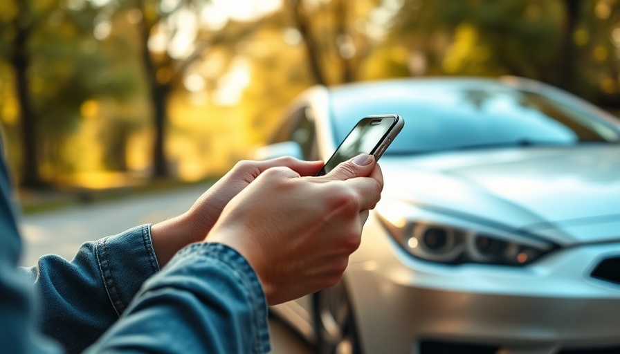 Person using smartphone for mobile service near a car dealership.