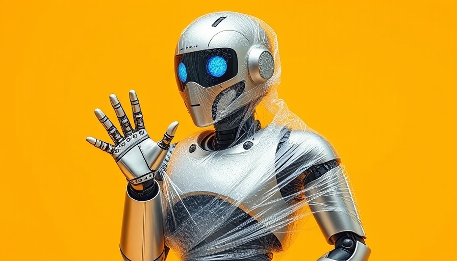 Humanoid robot wrapped in bubble wrap indicating safety rules against yellow background.