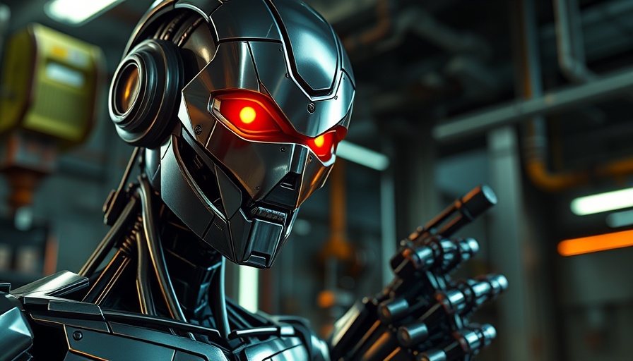 Futuristic humanoid robot with glowing eyes in industrial setting.