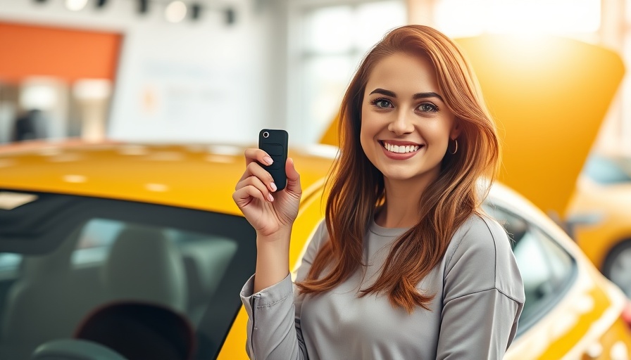 Young woman happily holding a car key in a showroom, young car buyers decline theme.
