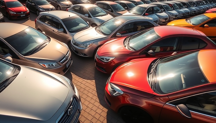 Row of used cars in parking lot reflecting sunlight, car inventory.