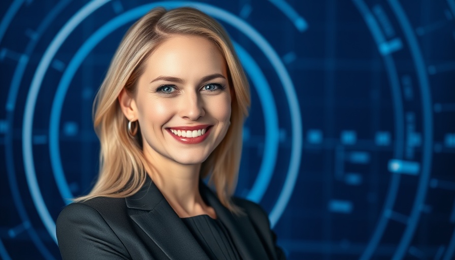 AI Website Builder: Smiling woman's portrait with digital background.