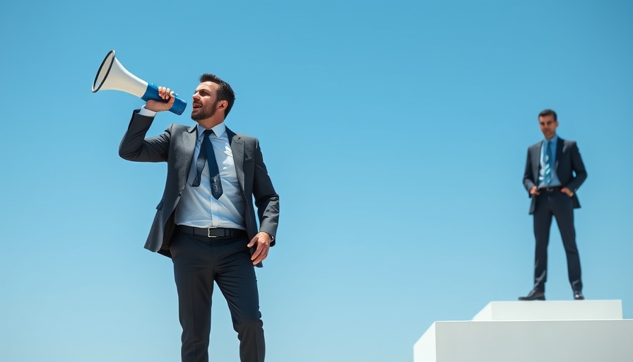 Two businessmen on platforms, one with megaphone, clear blue sky.