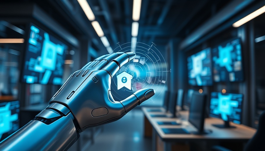 Futuristic robotic hand with holographic display in office.