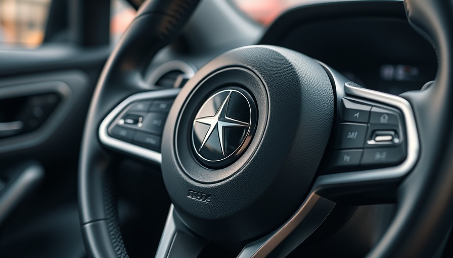 Modern car steering wheel close-up, featuring logo detail.