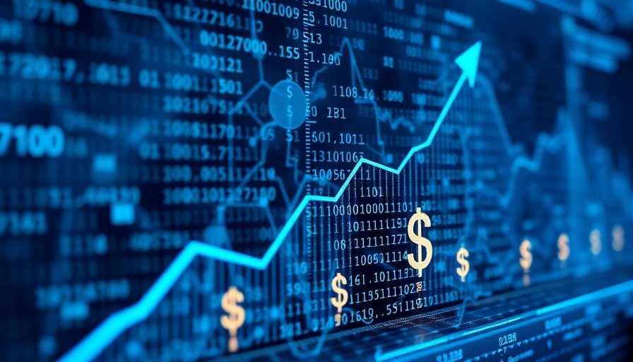 Digital growth illustration with code overlay on financial graph indicating auto originations growth.