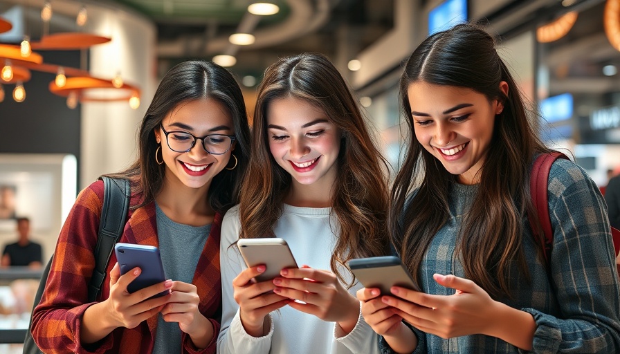 Smiling adults engaging with smartphones in a modern retail environment.