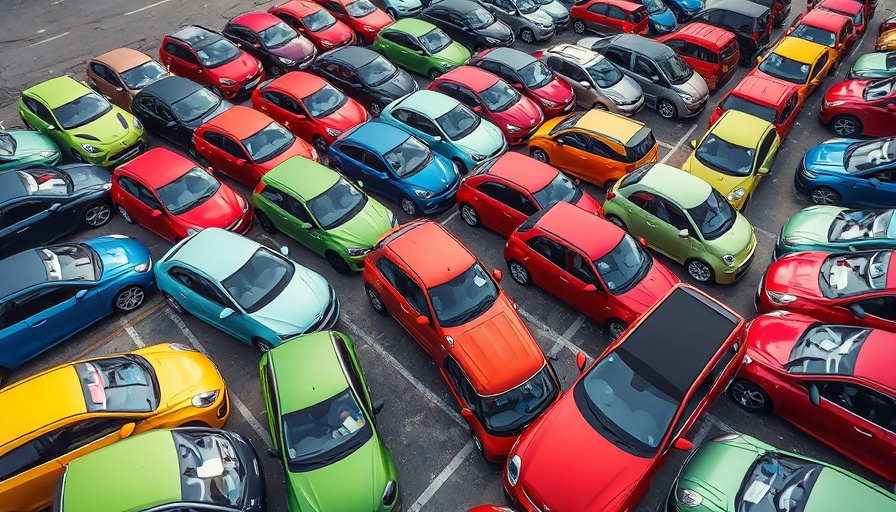 Colorful new vehicle inventory in a parking lot.