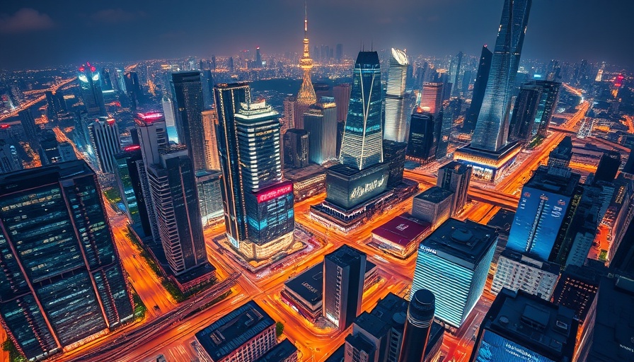 Aerial view of Shanghai skyscrapers at night, China automotive market cityscape.