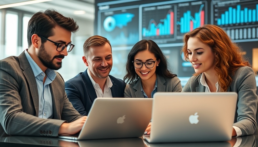 Modern office with professionals using AI tools for business growth.