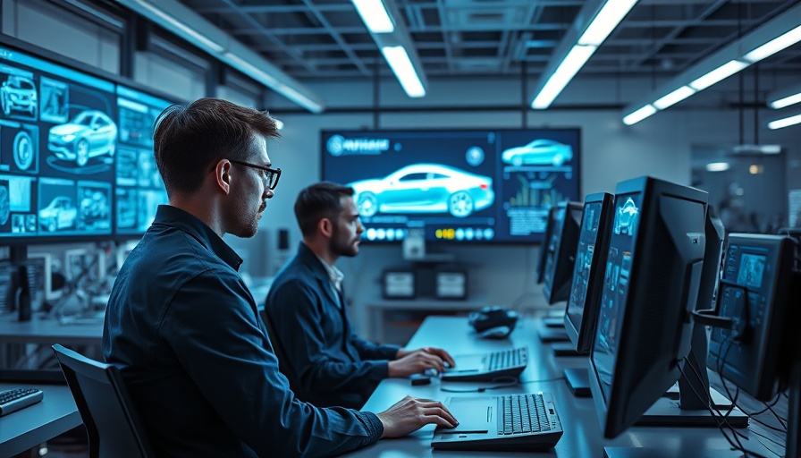 AI Automotive Product Development in a futuristic lab with engineers.