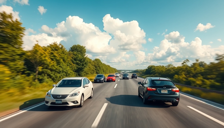 Cars driving on highway reflecting share of subprime borrowers trend.