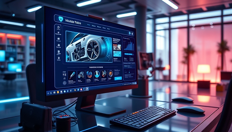 Futuristic digital workspace showing AI website builders.
