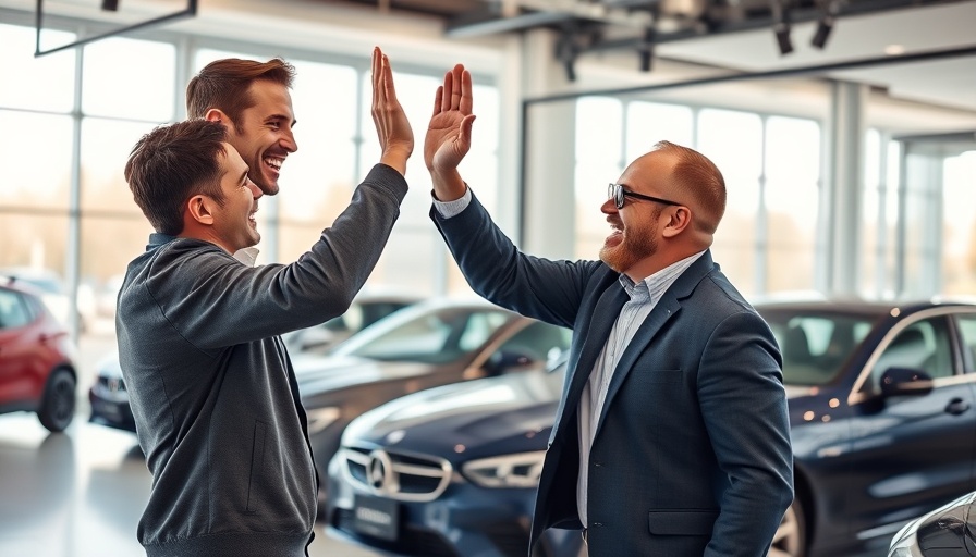 Joyful car buyers high-five at dealership, avoid dealer fees