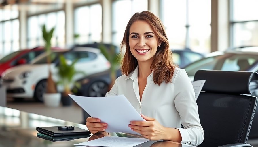 Confident woman in dealership holding papers, discussing car shopping tips.