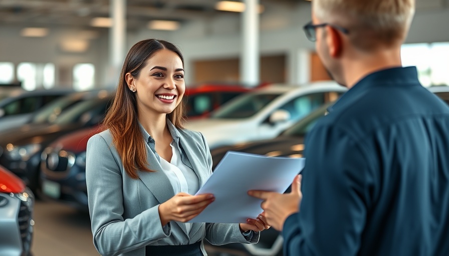 Smiling salesperson in a car dealership holding a contract.