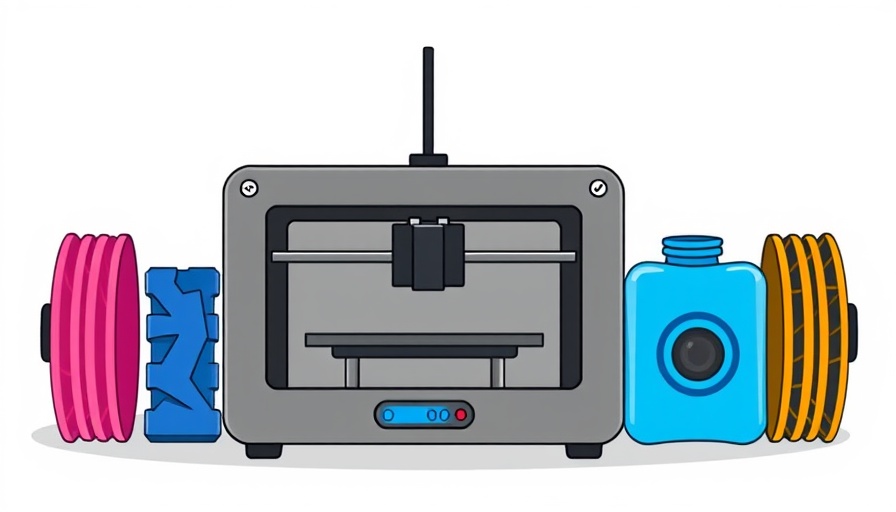 Stylized illustration of plastic 3D printing equipment and parts.
