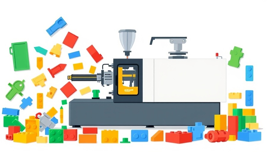 Cartoon of injection moulding machine and plastic parts, representing Irish injection moulding companies.