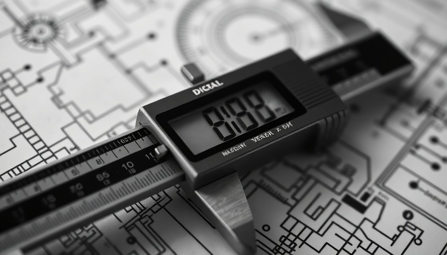 Digital caliper on mechanical blueprint for plastic thermoforming solutions.