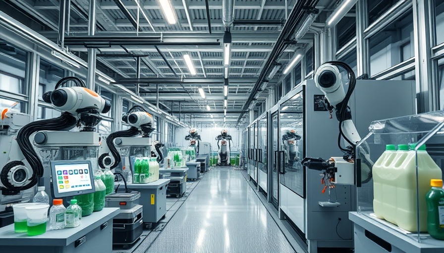 Futuristic bioplastic manufacturing with advanced robotics and clean technology.