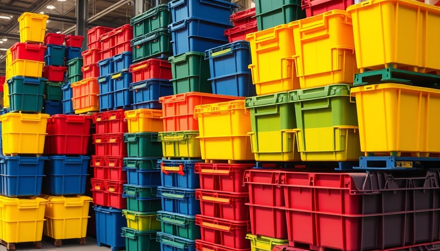 Colorful plastic bins in a warehouse showcasing mass production.