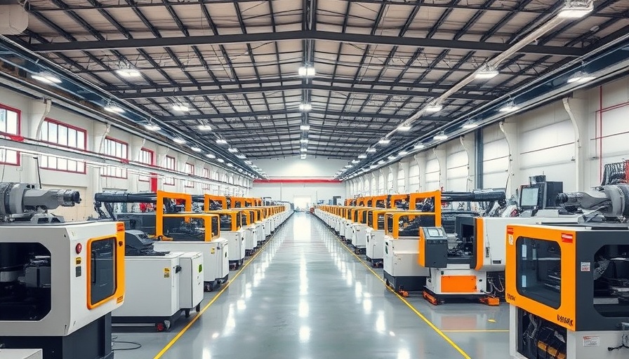 Modern factory interior for injection molding in China with machinery.