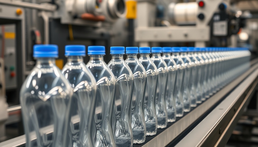 Clear plastic bottles on a conveyor belt in injection molding.
