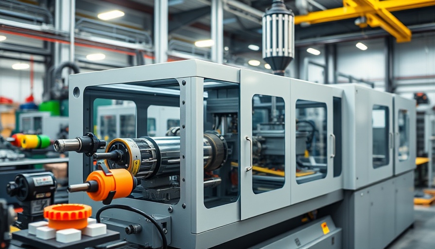 Plastic injection molding machine in action at a manufacturing plant.