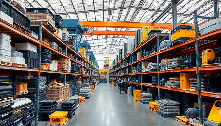 Plastic equipment imports displayed in industrial warehouse.