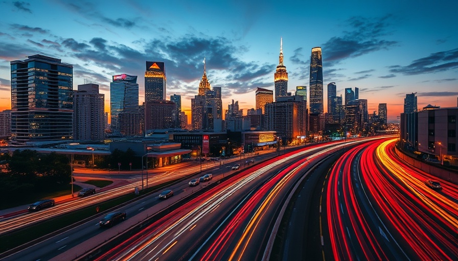 Vibrant city skyline with long exposure light trails.