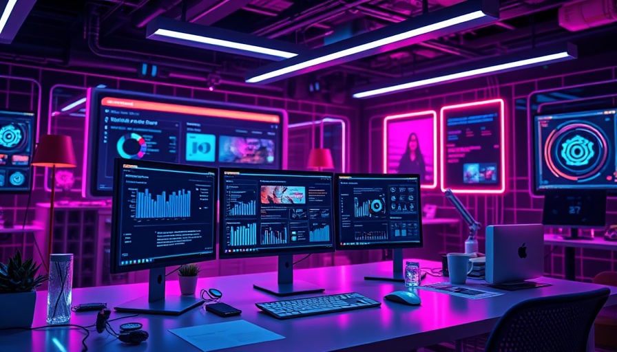 Abstract workspace with digital AI website builder tools.