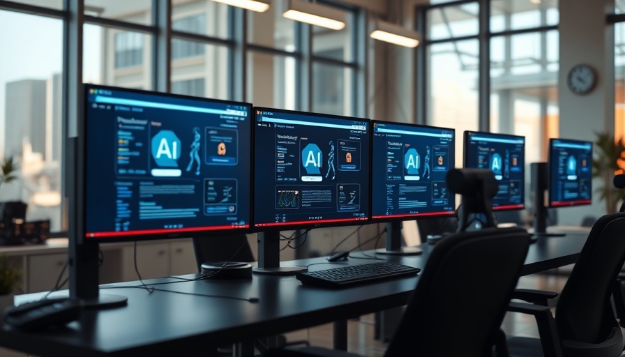 Futuristic workspace with AI website builder interface.
