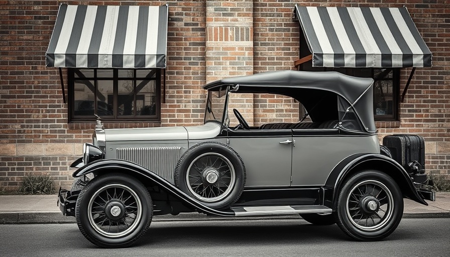 Historic car in front of brick building for National Automotive Industry Day.