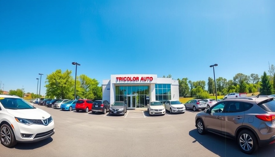 Tricolor auto dealership with parked cars under a clear blue sky.