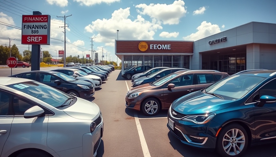 Car dealership lot showcasing financing options under a clear blue sky.