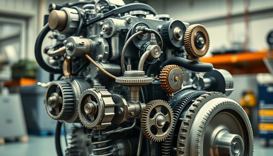 Modern internal combustion engine in a workshop.