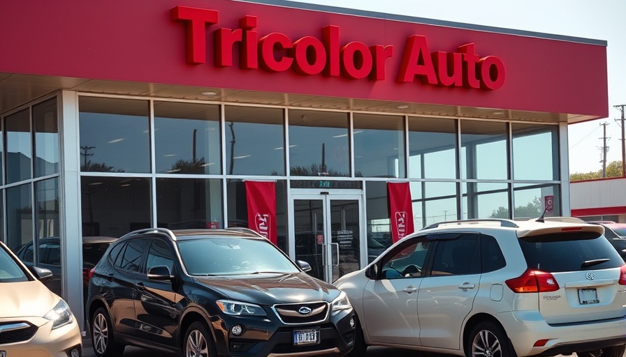 Tricolor auto dealership exterior with parked cars.