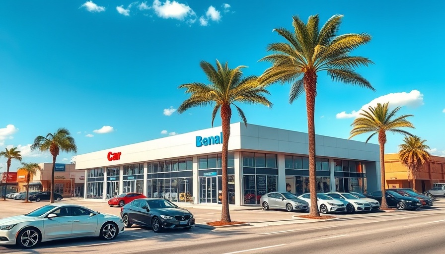Tricolor auto dealership exterior with parked cars.