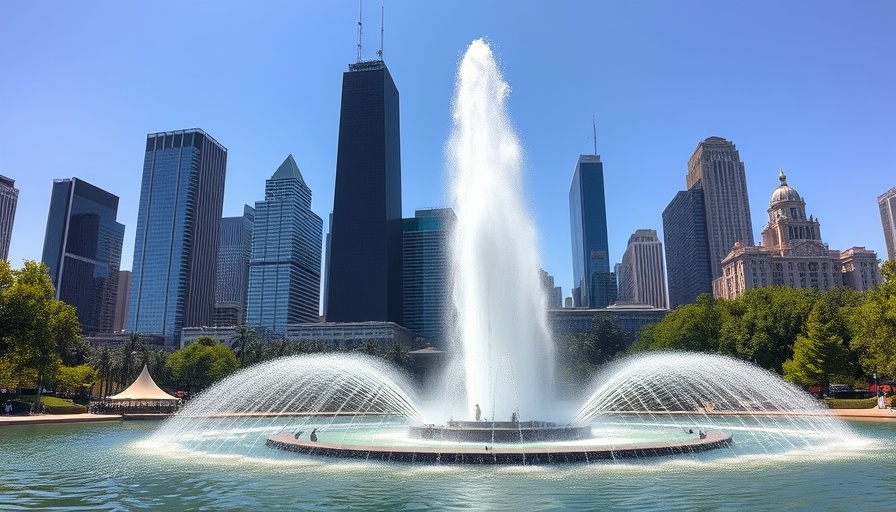 Chicago skyline featuring Buckingham Fountain, vibrant day.