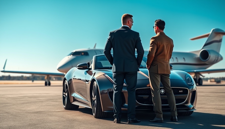 Business scene with Jaguar car and plane, related to Jaguar Land Rover profit report 2023.