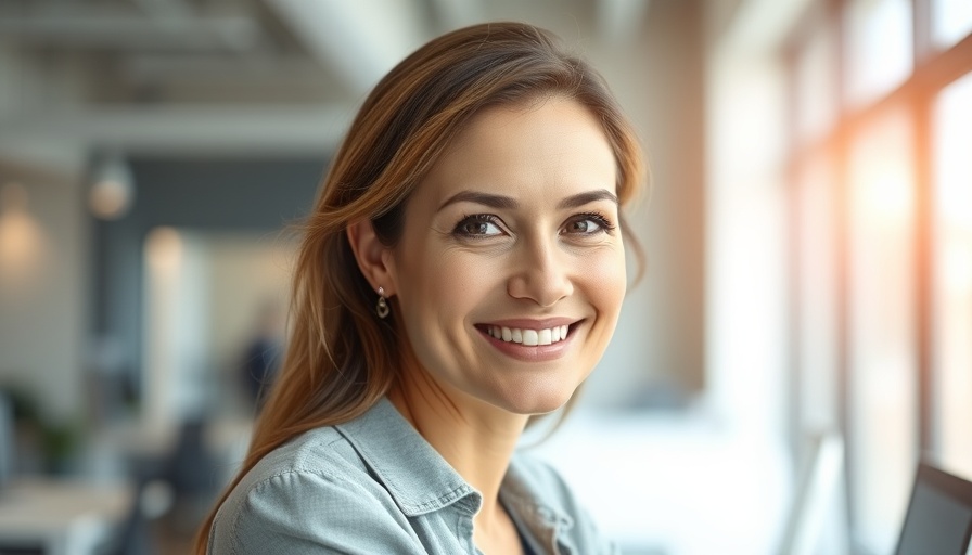 Smiling woman in office setting promoting automotive digital marketing growth.