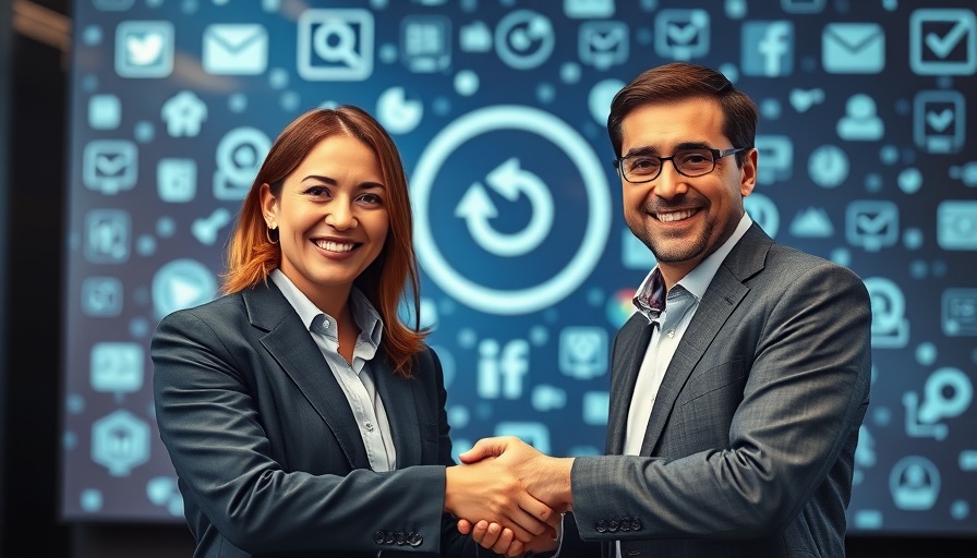 Businessmen handshake in front of digital backdrop, streaming advertising for dealerships.
