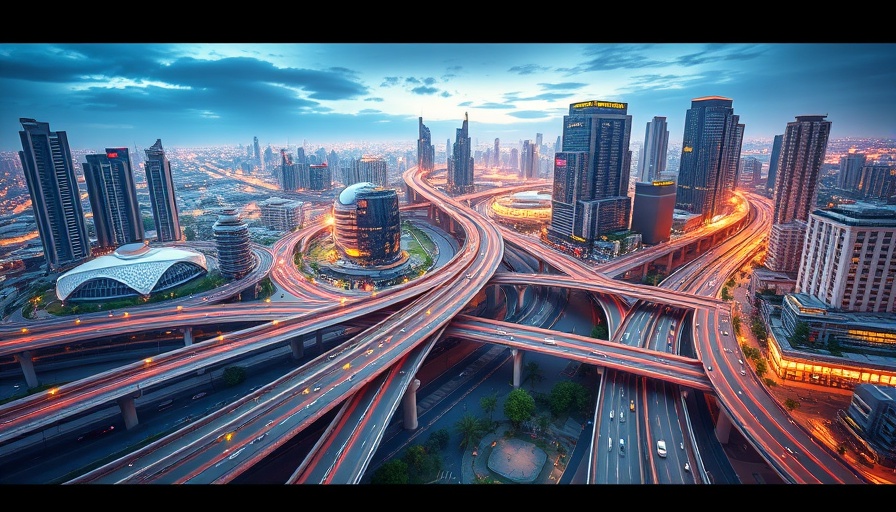Illustration of modern city infrastructure with roads and buildings.
