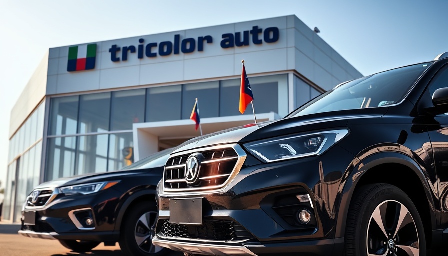 Tricolor auto dealership with parked cars, Chapter 7 bankruptcy context.