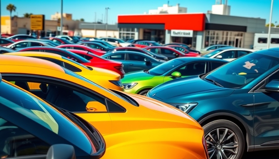 Cars at a dealership lot on a sunny day, related to automotive financing.